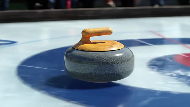 Curling rock on ice, near blue circles and a red line, in a rink