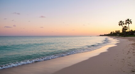 Obraz premium Tranquil tropical beach landscape with pastel sunset sky and gentle turquoise waves