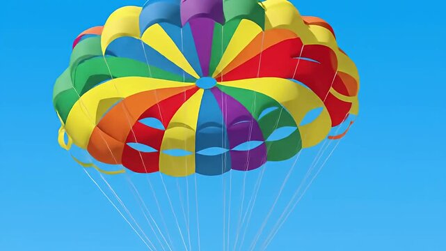 Rainbow parasail canopy and lines against a clear blue sky background