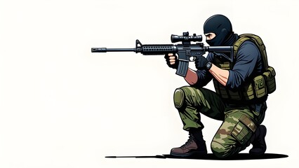 Fototapeta premium Masked Sniper Holding AS50 Rifle – Stock Art-Style on White Background