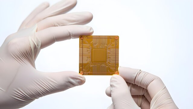 Gloved Hands Holding a Quantum Chip – High-Resolution Studio Photo