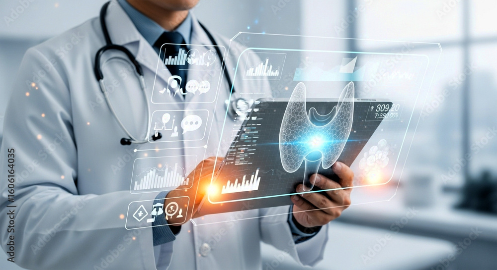 Poster Doctor in lab coat with stethoscope holding tablet displaying thyroid data and graphs interface