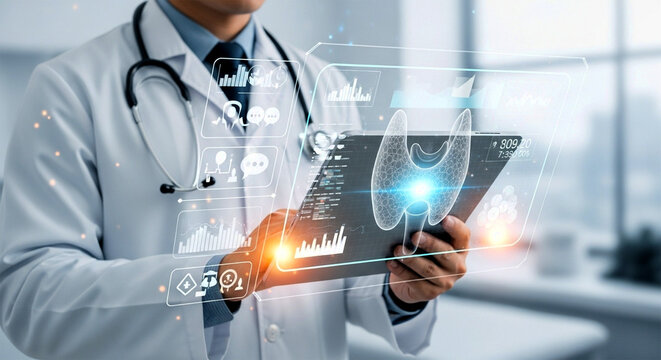 Doctor in lab coat with stethoscope holding tablet displaying thyroid data and graphs interface