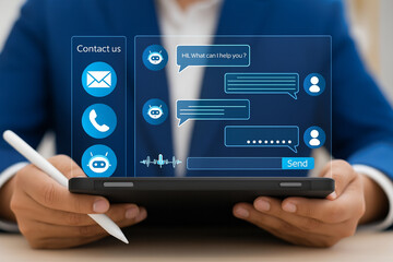 Businessperson Using Digital Chatbot Interface for Online Customer Communication and Support