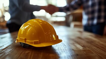 Yellow construction helmet on a rustic wooden surface with two professionals shaking hands in the background, symbolizing teamwork, partnership, safety, successful business agreement in construction. - Powered by Adobe