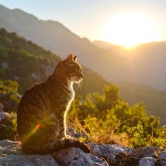 A tabby cat sits on a mountaintop at sunset