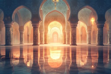 Golden Light Illuminates Ornate Palace Hallway