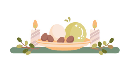 Fototapeta premium Still life food illustration with candles and fruits on plate for decorative design element vector art