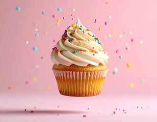 Delicious Vanilla Cupcake with Sprinkles on Pink Background, Festive Celebration Treat
