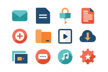 Vector art of collection of flat design icons for email, files, settings, and media players