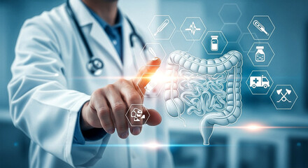 Doctor interacting with digital interface showing digestive system and medical icons on blue background