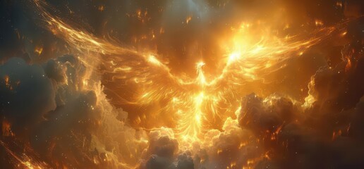 Naklejka premium A fiery phoenix rising amidst clouds, symbolizing rebirth and transformation.