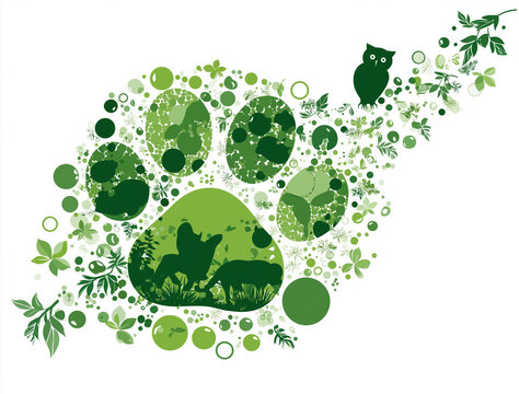 A paw print design filled with animals, leaves, and green circles on white