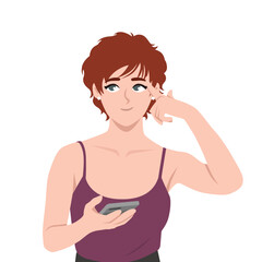 Thoughtful Woman Using Smartphone. Flat Vector character illustration