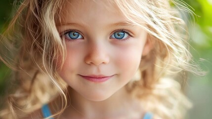 Naklejka premium A young girl with blue eyes and blonde hair, wearing a blue top, looking at the camera with a gentle smile.