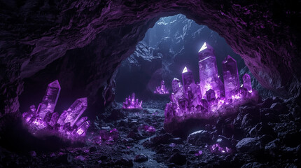 A breathtaking view of a hidden cave filled with large luminous purple crystals The otherworldly glow casts a magical ambiance across the rocky terrain creating a sense of wonder