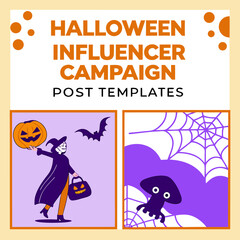 Halloween influencer campaign post templates featuring a witch, bat, pumpkin, spider web, and cute monster