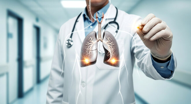 Doctor examining lungs with digital interface in hospital hallway for medical diagnosis and treatment