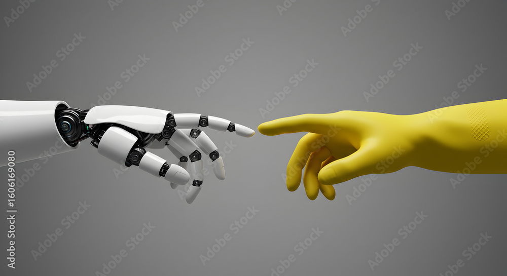 Poster robotic arm reaching towards a yellow hand symbolizing connection on gray background
