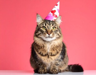 A tabby cat wearing a party hat