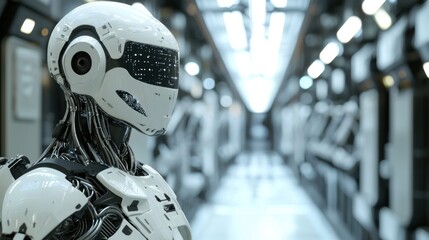A white robot in a futuristic, industrial setting with glowing lights and metallic components.