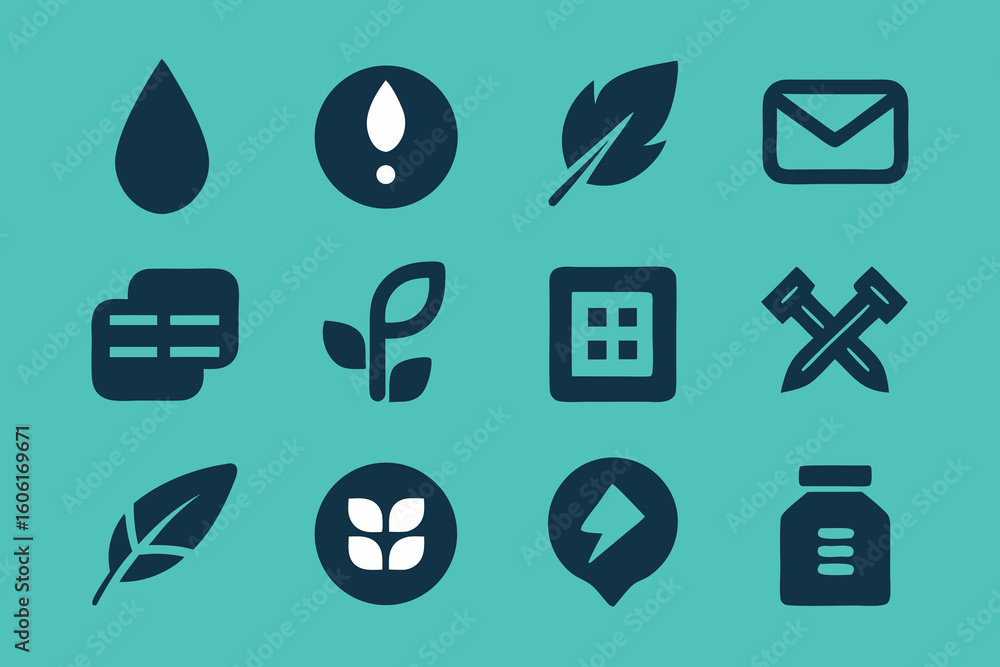 Poster vector art of a set of simple flat icons on a teal background, perfect for web design