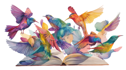  Colorful birds flying from open book gouache painting