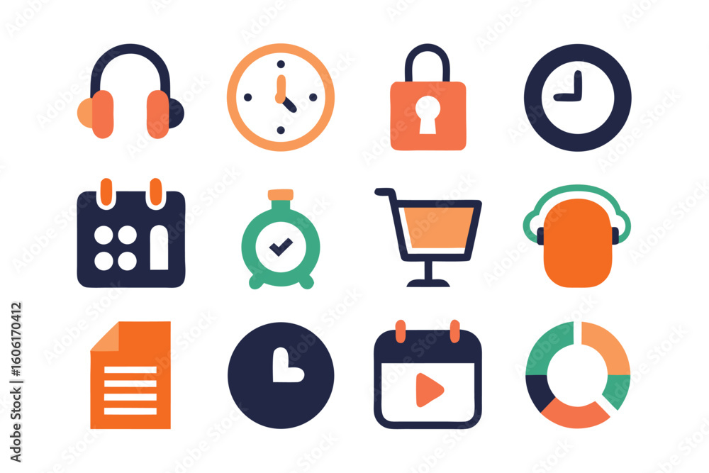 Poster vector art of a colorful set of flat design icons representing various functions and applications is