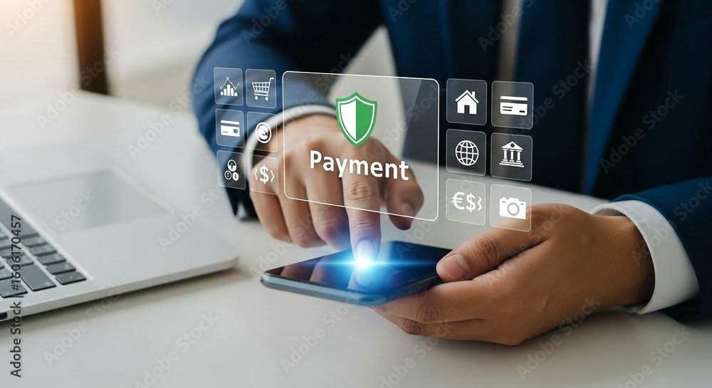 Poster businessman using secure mobile payment system with virtual icons for digital transaction and financ