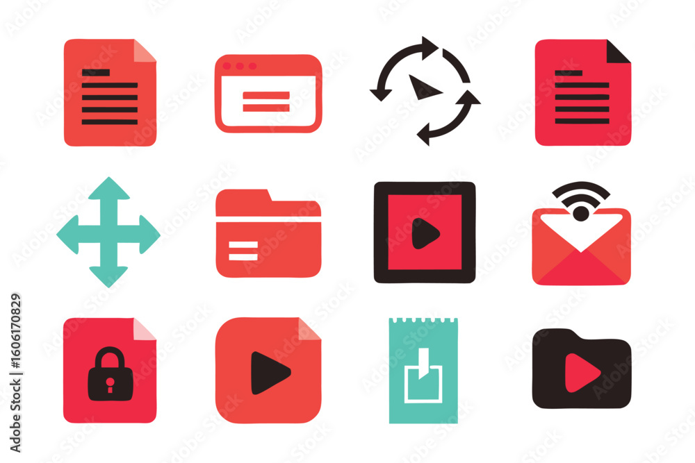Poster vector art of a set of flat design icons representing files, folders, and various actions