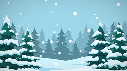 Winter scene with pine trees and snow falling on a light blue sky - Powered by Adobe