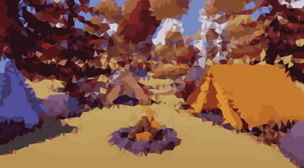 Orange tent and campfire in forest camping nature