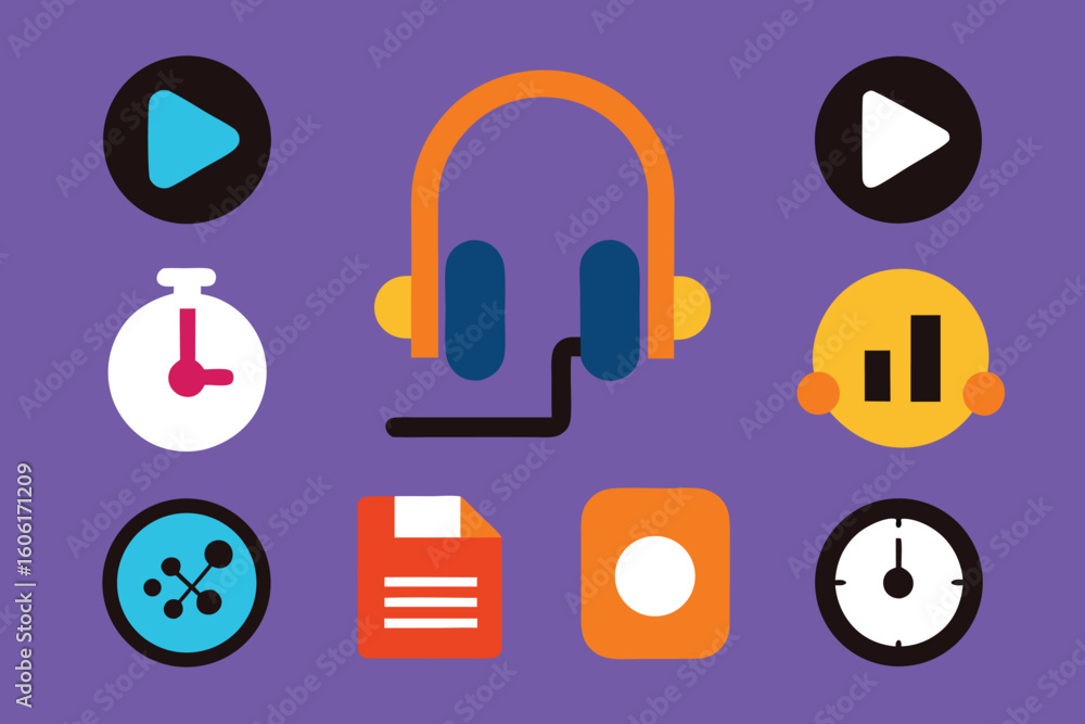 Poster vector art of a vibrant set of vector icons representing various audio and media elements