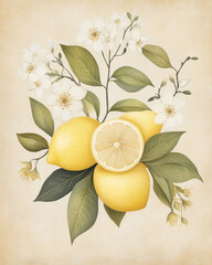 Lemon with flowers and leaves on a vintage paper background