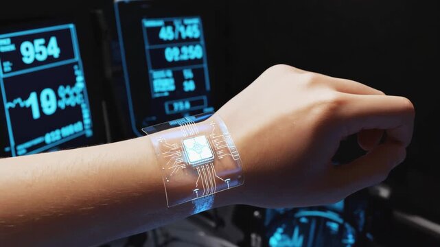 A glowing holographic chip projected above a human wrist, symbolizing futuristic advancements in biometric scanning, wearable technology, real-time health monitoring in digital healthcare environment