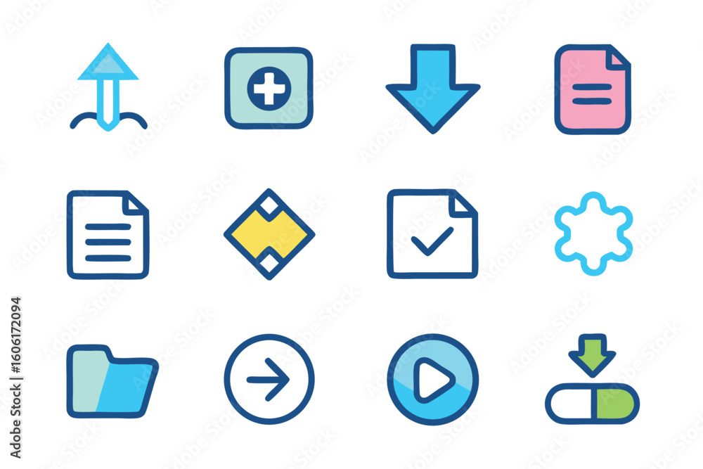 Poster vector art of a set of vibrant flat icons depicting diverse functions isolated on white background