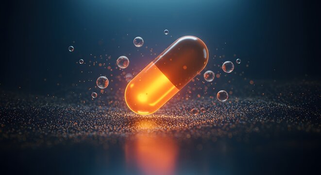 Glowing Capsule with Bubbles on Dark Blue Background - Pharmaceutical Concept