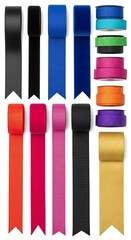 Assortment of colorful ribbons displayed on a white background.