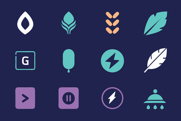 Vector art of a collection of vector icons featuring leaves, bolts, and other design elements