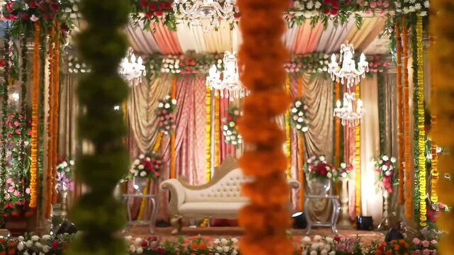 Festive Indian wedding hall, floral garlands, blurred background, event decor