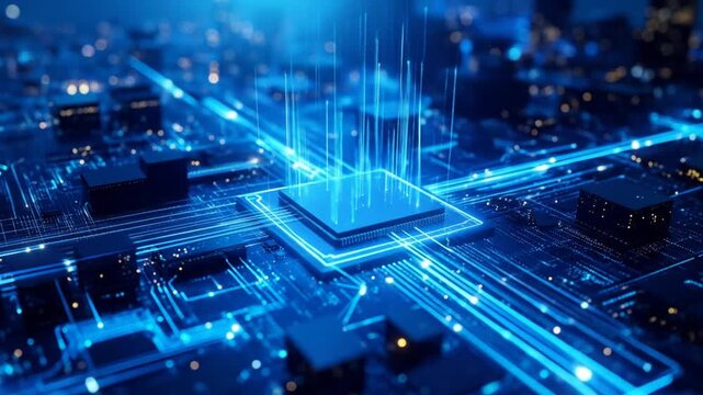 Abstract Blue Circuit Board With Glowing Cpu