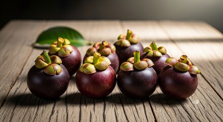 Group of mangosteens on a wooden surface.
