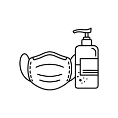 Medical face mask and hand sanitizer pump bottle. Health and hygiene protection line art vector icon concept.