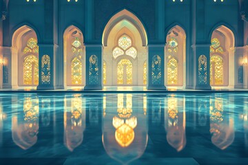 Illuminated Mosque Interior With Stained Glass Windows