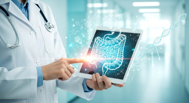 Doctor analyzing digital intestine image on tablet with dna strand in hospital hallway view med tech