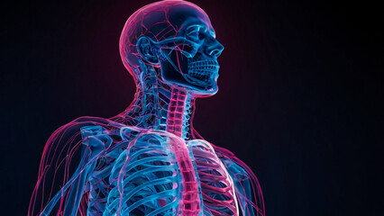 Detailed anatomical illustration of the human head and torso highlighting the skeletal and vascular systems with vibrant neon lighting