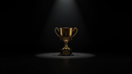 A gleaming golden trophy stands prominently on a circular spotlight against a stark black background The dramatic lighting emphasizes its intricate design representing triumph and ultimate success