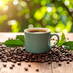 A teal mug of coffee surrounded by coffee beans on a wooden table with a blurred bokeh background of green foliage