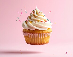 Delicious Vanilla Cupcake with Creamy Frosting and Colorful Sprinkles on Pink Background
