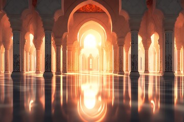 Sunlit Columns In An Ancient Mosque Hallway